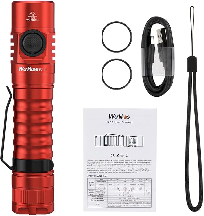 Wurkkos LED Flashlight Rechargeable Torch Max 1300Lumen High 90CRI EDC Light with USB C Charge Cable,Magnetic Tailcap, Memory Mode for Hiking, Camping, Dog Walking,IPX-7(Red-5000K)