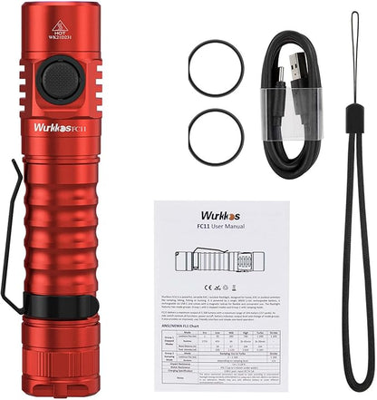 Wurkkos FC11 USB C Rechargeable Flashlights Maximum Output 1300Lumen, Compact EDC Flashlights with High 90CRI LED, IP67 Waterproof Magnetic Tail Cap Design for Dog Walking Emergency(Red-4000K)