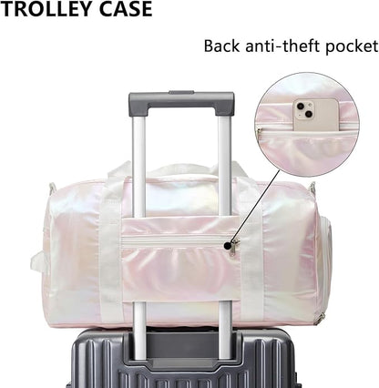 Sports Gym Dance Bag for Women Girls, Shimmery Waterproof Duffle Travel Bag With Shoes Compartment and Wet Dry Pocket (Pink)