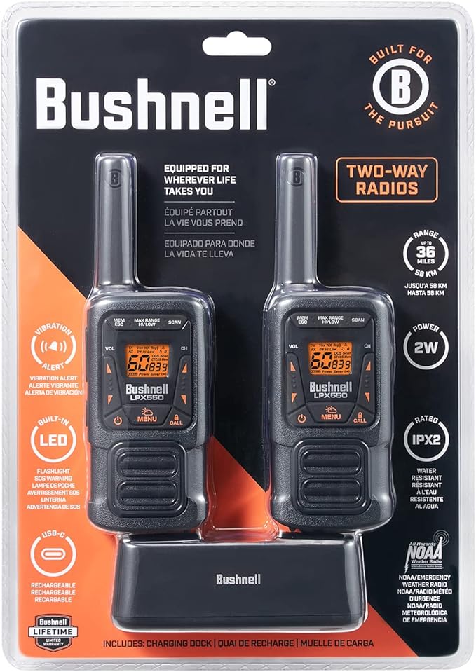 New Bushnell LPX550 Walkie Talkie Radio - Reliable Quality, Rugged Design, 2W Power for 36 Miles of Range, Two Way Radios Equipped for Wherever Life Takes You (2 Pack)