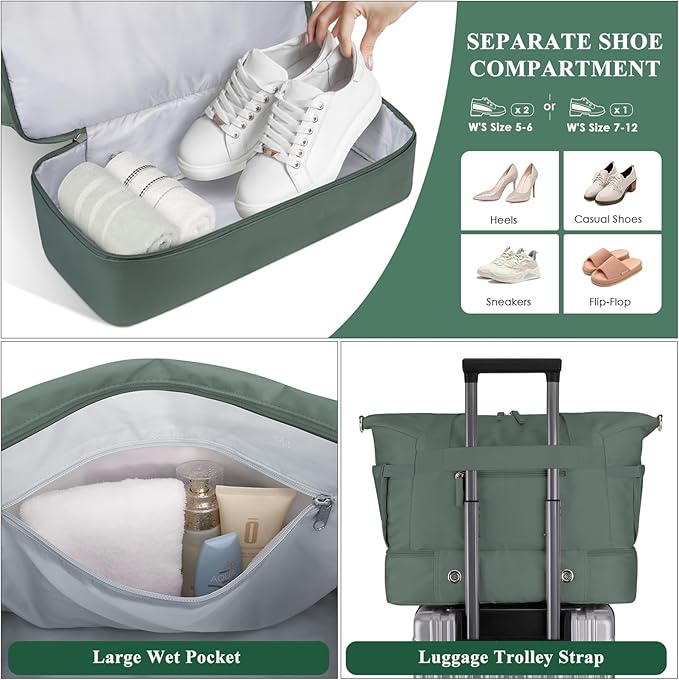 ETRONIK Gym Bag for Women, Travel Duffel Bag with USB Charging Port, Weekender Overnight Bag with Wet Pocket and Shoes Compartment for Women, Travel, Gym, Yoga (Dark Green)
