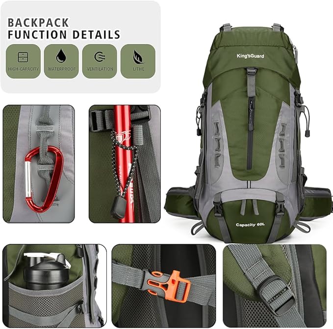 King'sGuard 60L Hiking Backpack Men Women Camping Backpack Waterproof Backpacking Mountaineering Climbing Daypack with Rain Cover (Army Green)