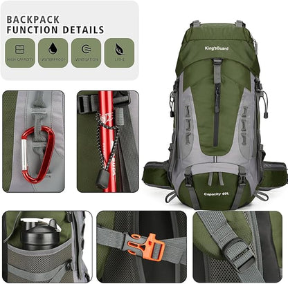 King'sGuard 60L Hiking Backpack Men Women Camping Backpack Waterproof Backpacking Mountaineering Climbing Daypack with Rain Cover (Army Green)
