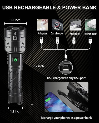 Rechargeable Flashlights High Lumens, Super Bright Flashlight 100000 Lumens, Powerful Tactical Flashlights, 5 Modes, Zoomable, IPX5 Waterproof, Handheld XHP160 LED Flashlight for Emergency Camping