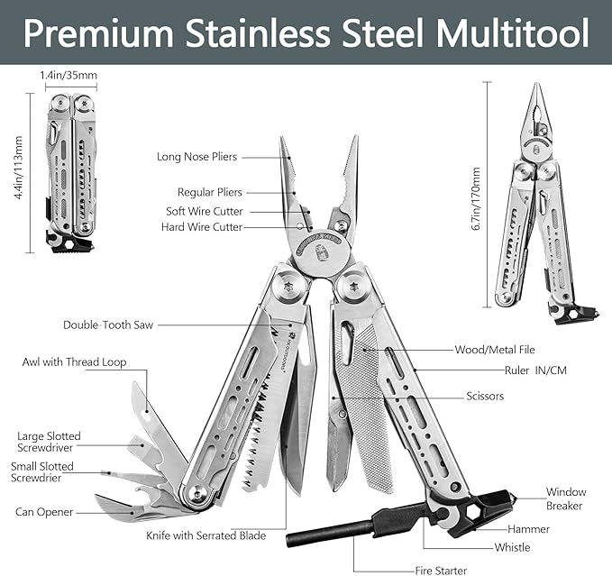 HX OUTDOORS 19 In 1 Multi Tool Pocket Knife Set, Stainless Steel Multitool Pliers with Fire Starter and Glass Breaker, Folding EDC Camping Survival Tools for Men (Silver)