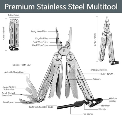 HX OUTDOORS 19 In 1 Multi Tool Pocket Knife Set, Stainless Steel Multitool Pliers with Fire Starter and Glass Breaker, Folding EDC Camping Survival Tools for Men (Silver)