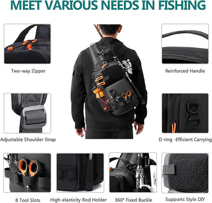 NEW VIEW Fishing Sling Bag, Waterproof Sling Pack with Rod Holder, Versatile Storage Fly Fishing Bags for Men, Small Shoulder Pack for Streams & Rivers