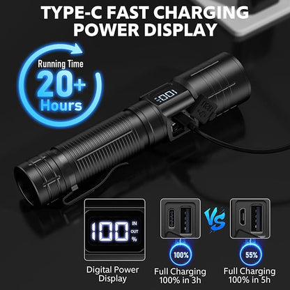 Flashlights High Lumens Rechargeable 20,000LM Super Bright LED Flashlight with Dimmable, Zoomable Beam Tactical Flash Lights, 6Modes Small Powerful Waterproof Flashlight for Camping Emergencies Home