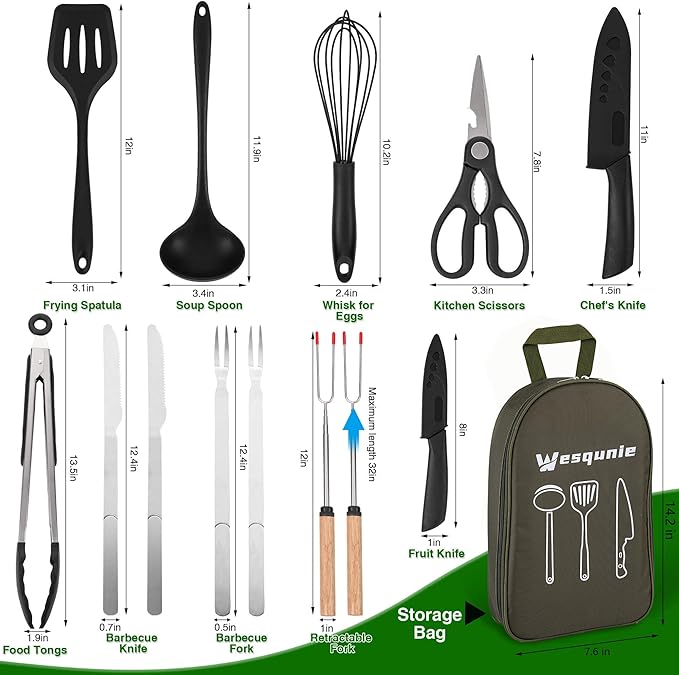 Camping Essentials Cookware Cooking Utensils Set - Camping Kitchen Utensils, Portable Outdoor Accessories, Stainless Steel & Silicone, Camping Gear Equipment for RV Picnic Grill