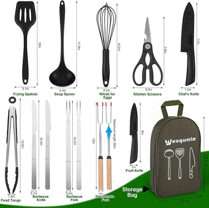 Camping Essentials Cookware Cooking Utensils Set - Camping Kitchen Utensils, Portable Outdoor Accessories, Stainless Steel & Silicone, Camping Gear Equipment for RV Picnic Grill