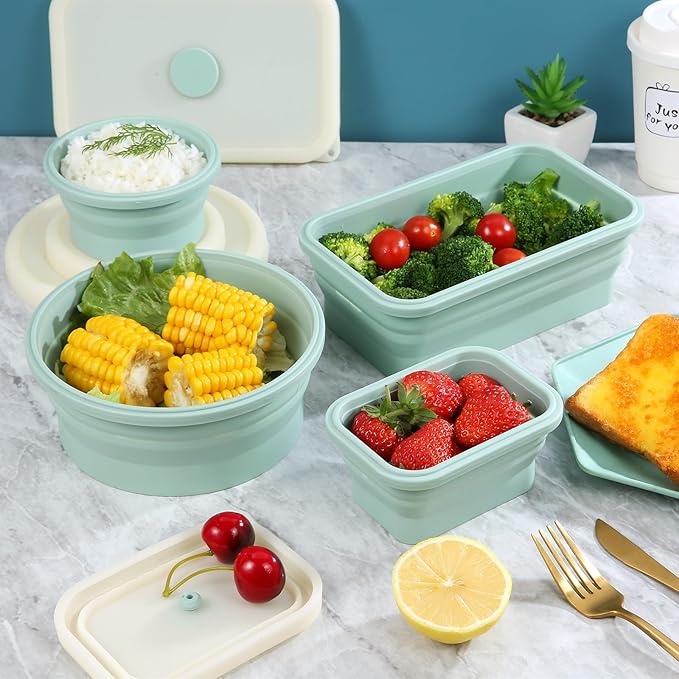 Collapsible Bowls for Camping（41oz,100% Food-grade Silicone Bowl with Lid Free BPA,Folding Mixing Bowls for Travel,RV storage,Leftovers,Swell Salad Bowl Kit
