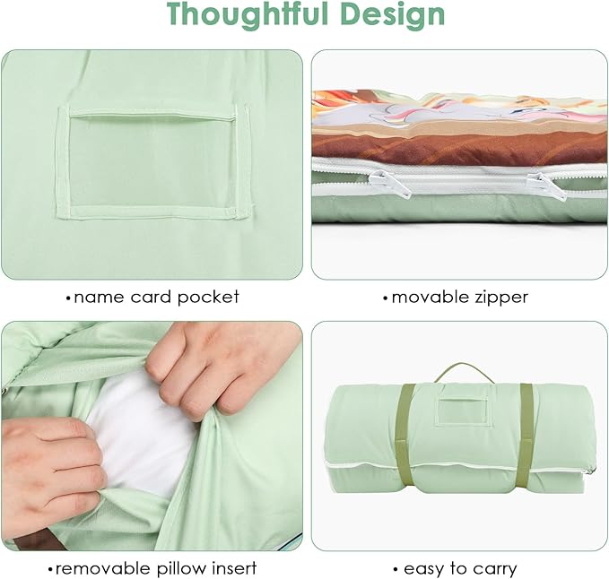 Kids Sleeping Bag Toddler Nap Mat with Removable Pillow, Large Foldable Sleeping Bag for Girls Boys, Easy Clean Slumber Bag with Double Zip for Camping School Preschool Daycare, 59×24 inch