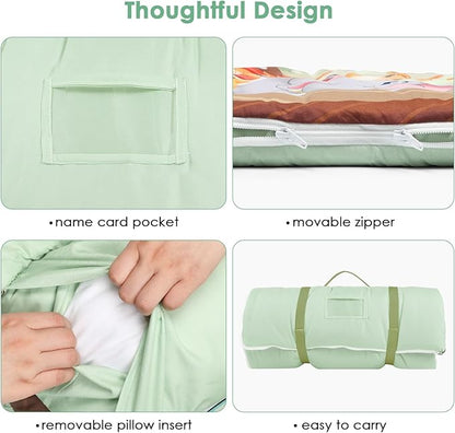 Kids Sleeping Bag Toddler Nap Mat with Removable Pillow, Large Foldable Sleeping Bag for Girls Boys, Easy Clean Slumber Bag with Double Zip for Camping School Preschool Daycare, 59×24 inch