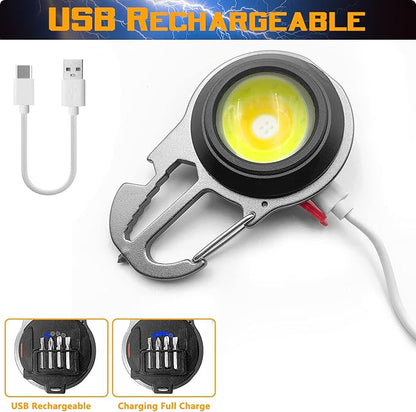 COB Small Flashlights, Rechargeable Keychain Mini Flashlight 4 Modes Portable Pocket Light with Bottle Opener Hook Window Breaker Wrench Screwdriver Function for Fishing Camping Walking