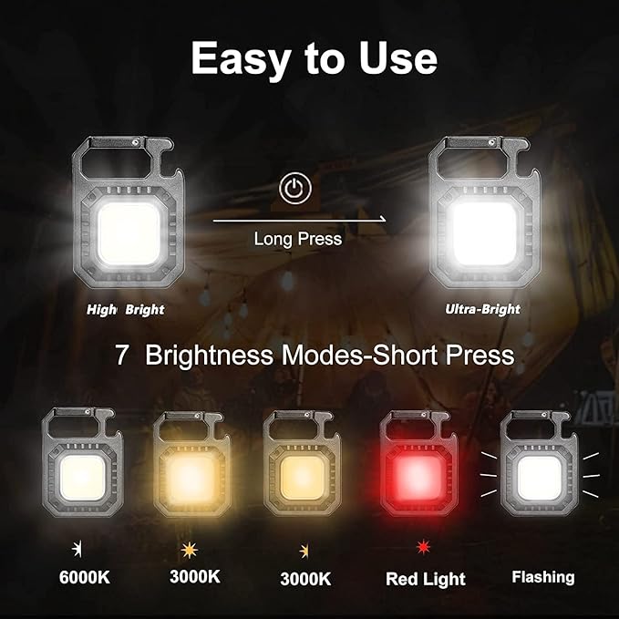 Cob Mini Keychain Flashlights 2000Lumen 7 Modes, Cob Light Rechagerable Light with Folding Bracket, Outdoor Flashlight as Bottle Opener and Magnet Base, Camping and Running (Traditional)