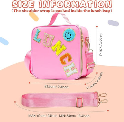 Insulated Lunch Bag Women Lunch Box Kids for Teen Girls Boys, Cute Preppy Lunch Boxes With Adjustable Shoulder Strap, Waterproof Nylon Lunchbox Lunch Bags for School Work Picnic (Pink)