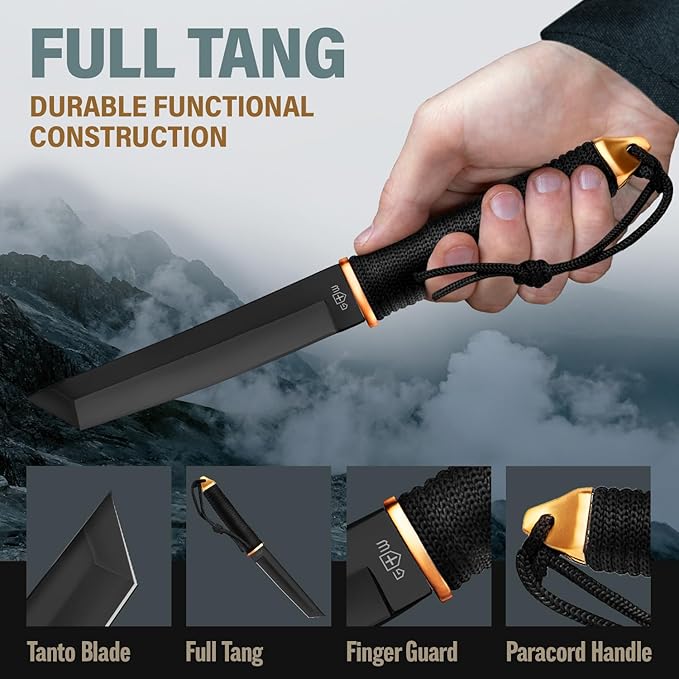 Tanto Camping Knife with Sheath - 3+ Colors - 5,9" Fixed Full Tang Mirror Polished Blade - Cool Survival Knives with Black Paracord Handle - Tactical Work Knives for Hunting Hiking EDC 2307 Black