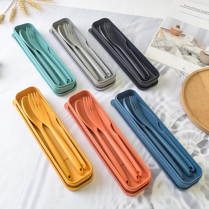 Reusable Utensils Set with Case, 6Pack Big Plastic Cutlery Set Forks Spoon Tableware Chopsticks, Portable Cutlery Set for Travel Picnic Camping or Daily Use