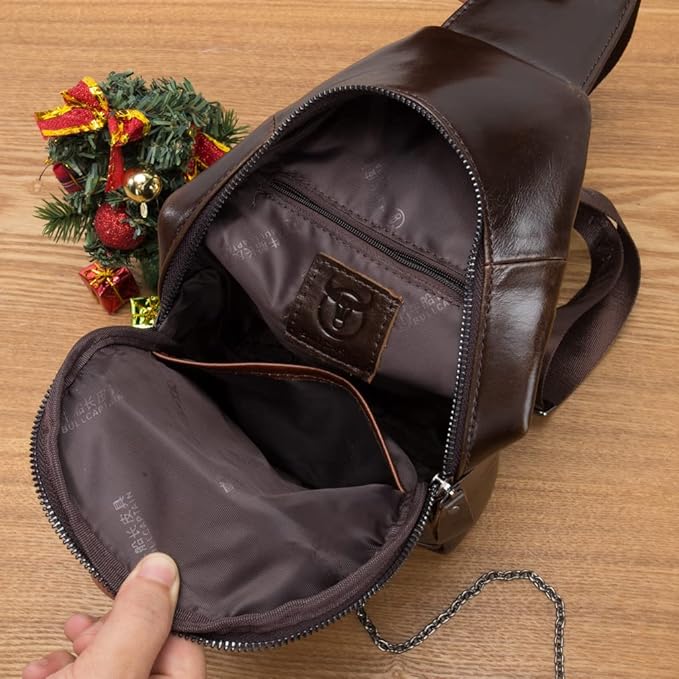 KPYWZER Vintage Genuine Leather Sling Bag Backpack for Men Crossbody with Cellphone Stand Chain Chest Shoulder Crossbody Daypack Coffee