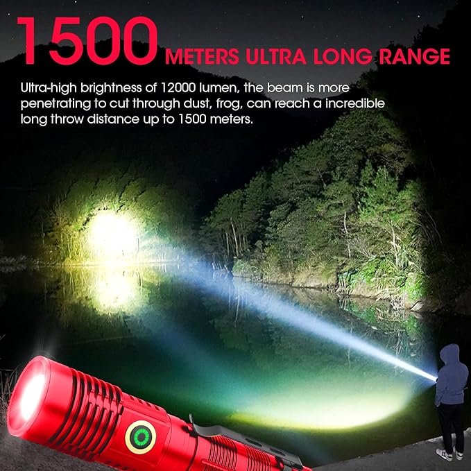 Rechargeable Flashlight High Lumens, 12000 High Lumens Super Bright Flash Light, 1500 Meter Long-Range Zoomable LED Flashlights for Emergency, EDC, Searching, Waterproof Flashlight Dimmable Red 2Pcs