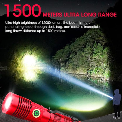 Rechargeable Flashlight High Lumens, 12000 High Lumens Super Bright Flash Light, 1500 Meter Long-Range Zoomable LED Flashlights for Emergency, EDC, Searching, Waterproof Flashlight Dimmable Red 2Pcs
