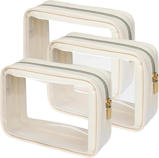 PACKISM Clear Makeup Bag - Soft Plastic Color-Edged TSA Approved Toiletry Bag, Reusable Clear Toiletry Bags with Golden Zipper, Beige