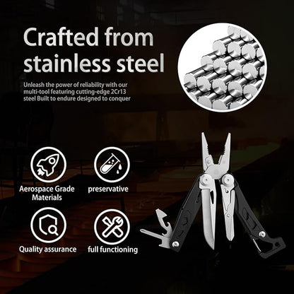 ARES Series 12-P Pocket Size Multitool with Premium Stainless Steel Pliers, Short Dagger，Black Luxury Gift Box