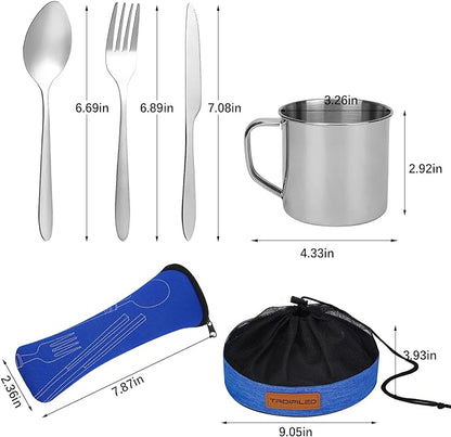 Camping Cutlery Set, 8 Piece Stainless Steel Cutlery Set Including Cutlery Spoons Mug Bowls & Plates Rags, Organizer Straps Easy to Carry for Backpacking, Camping, Hiking and Picnics