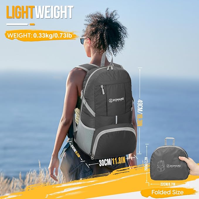 ZOMAKE Lightweight Packable Backpack 35L - Light Foldable Backpacks Water Resistant Collapsible Hiking Backpack - Compact Folding Day Pack for Travel Camping(Dimgray)