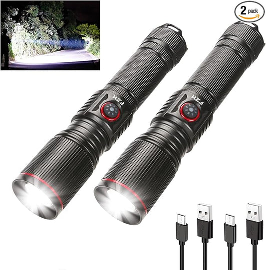 FZH Flashlights High Lumens Rechargeable 2PC 10000LM LED Infinitely Dimmable Super Bright USB Flash Light Powerful Handheld Tactical Torch, 5 Modes, Waterproof for Outdoor Emergencies Camping