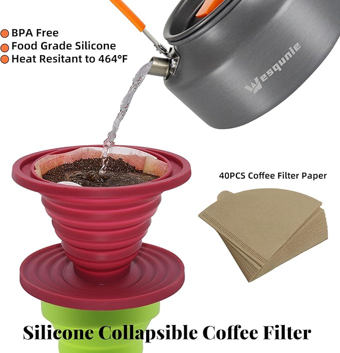 Camping Essentials Cookware Cooking Set, Camping Pots and Pans Set for Backpacking Gear, Car Camping Mess Kit for Camping Stove, Camp Kitchen with Camping Kettle, Pour Over Coffee Dripper