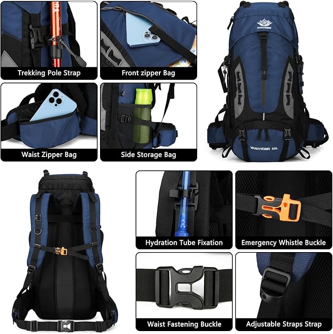 60L Hiking Backpack Men Camping Backpack with rain cover Lightweight Backpacking Backpack Travel Backpack (Dark Blue)