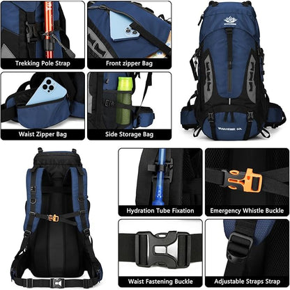 60L Hiking Backpack Men Camping Backpack with rain cover Lightweight Backpacking Backpack Travel Backpack (Dark Blue)