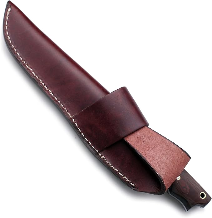 Handmade Damascus Steel Bowie Knife for Hunting, Survival, and Camping,bushcrafting and Fishing - Full Tang Micarta Handle, Fixed Blade with Flat Edge, Cowhide Leather Sheath WKD-794