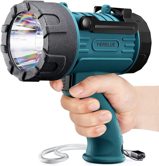 YIERBLUE Rechargeable Spotlight Flashlight with 1000,000 Lumen LED, IP67 Waterproof Long Running Spot Light searchlight, Impact Resistant Handheld Spotlight with Foldable Stand and Detachable Red Lens