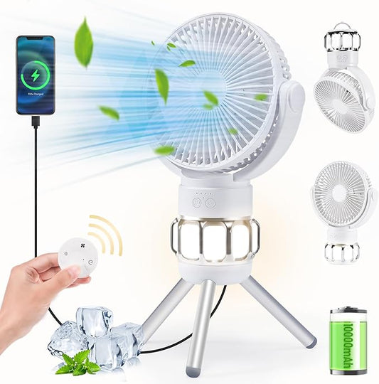 3-in-1 Portable Camping Battery Powered Fan with LED Lantern, Fan 8H Timer 270°Rotation Battery Operated Fan, 10400mAh Rechargeable USB Desk Beach Fan with Hook&Tripod, Super Quiet