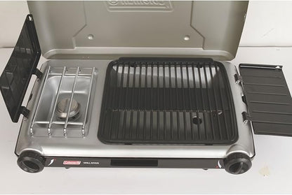 Coleman Tabletop 2-in-1 Grill & Stove with 2 Adjustable Burners, Propane Grill/Stove with Push-Button Starter, Wind Guards, Grease Tray, & 20,000 BTUs of Power for Camping, Tailgating, & More