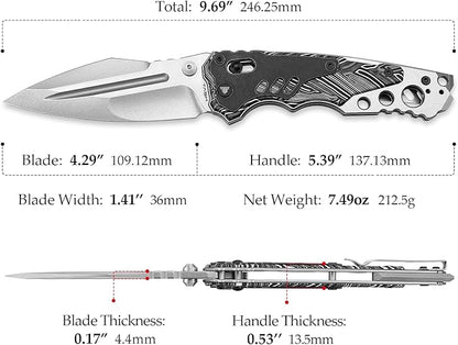 '-Intruder-03BW｜Heavy Folding Pocket Knife for Men，Outdoor Camping EDC Knives with Clip ，4.29" Stonewash 14C28N Steel Blade ，Brass Washer，Ti & Damascus G10 Handle