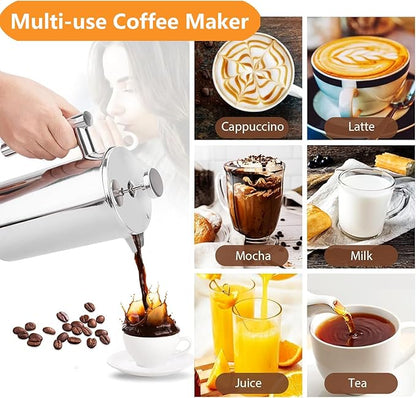 French Press Coffee Maker 34oz, Double-Wall Insulated French Press Stainless Steel 1L for travel camping, Included 2 Extra Screens and 1 Coffee Spoon （6-8cup 1000ml）