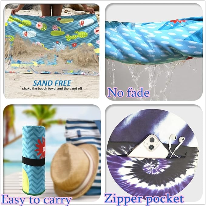 Microfiber Sand Free Beach Towel with Zipper Pocket ,Quick Fast Dry Oversized Lightweight Big Large Towels for Travel Pool Swimming Bath Camping Adult Women Men Tie Dye Beah Towel (tie dye purple)