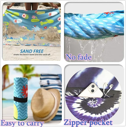 Microfiber Sand Free Beach Towel with Zipper Pocket ,Quick Fast Dry Oversized Lightweight Big Large Towels for Travel Pool Swimming Bath Camping Adult Women Men Tie Dye Beah Towel (tie dye purple)