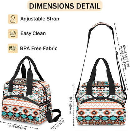 Western Style Insulated Lunch Bags for Women Men Adult Ethnic Aztec Geometric Reusable Lunch Tote Therma Cooler Bag with Shoulder Strap Lunch Box for School Work Office Picnic Meal Prep Bag