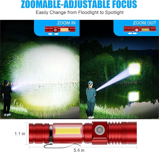 Flashlight USB Rechargeable, Magnetic LED Flashlight, Super Bright LED Tactical Flashlight with Cob Sidelight, 2000LM, Waterproof, Zoomable Best Small LED Flashlight for Camping, Emergency -Red