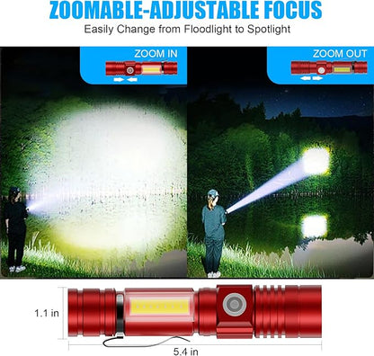 Flashlight USB Rechargeable, Magnetic LED Flashlight, Super Bright LED Tactical Flashlight with Cob Sidelight, 2000LM, Waterproof, Zoomable Best Small LED Flashlight for Camping, Emergency -Red
