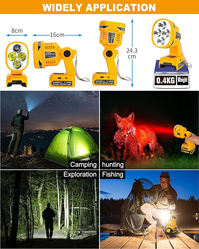 Cordless LED Flashlight for Dewalt 20V 60V Battery, 22W LED Work Light with USB-A&USB-C 2.1A Fast Charging Ports for Jobsite, Car Repairing, Camping, Emergency