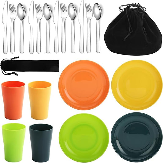 Camping Utensils Mess Kit, Including Camping Spoon, Fork, Knife, Plate and Cup Packed in a Portable Bag, Easy to Carry, Dishwasher Safe