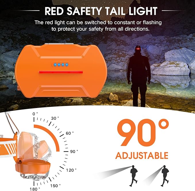 Rechargeable Headlamp, 20000 High Lumen 5 LED Head Lamp with Red White Light, IPX4 Waterproof Headlight,8 Mode Head Flashlight for Outdoor Running Hunting Fishing Hiking Camping Gear-Orange
