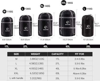 REDCAMP Sleeping Bag Stuff Sack, Black M, L, XL and XXL Compression Sack, Great for Backpacking and Camping