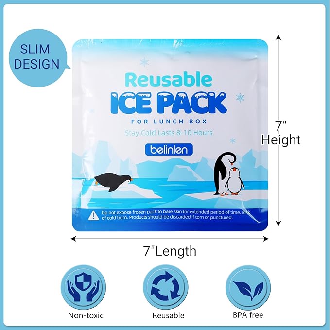 4 Pack Reusable Ice Packs for Lunch Boxes - 7x7 Inch Long-Lasting Freezer Packs, BPA-Free Gel & Leakproof Design Cold Packs for Cooler, Camping, Travel