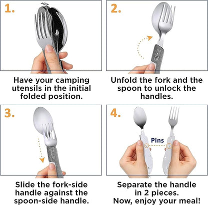 Orblue 4-in-1 Camping Utensils, 2-Pack - Portable Stainless Steel Spoon, Fork, Knife & Bottle Opener Combo Set - Travel, Backpacking Cutlery Multitool, Orange
